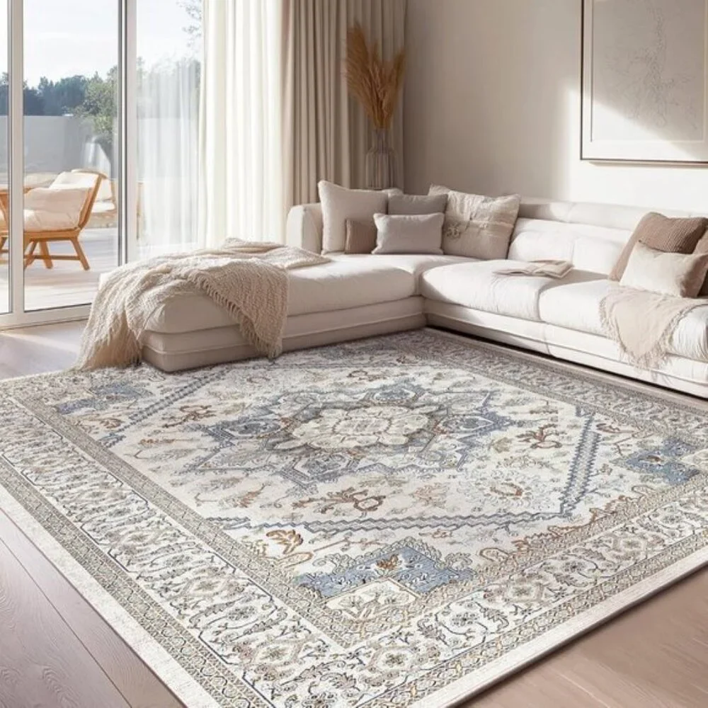 5x7 Soft Neutral Washable Rug Faux Cashmere Non-Slip Low-Pile Carpet, Light Grey